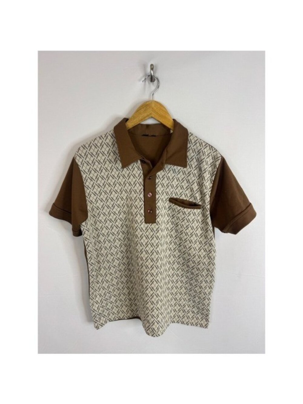 Vintage 70s Brown Geometric Knit Polo Shirt Short Sleeve Retro Disco Mens M